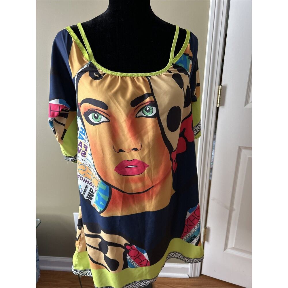 Romantic Hut dress pop art womens face cold shoulder poly spandex sz S New